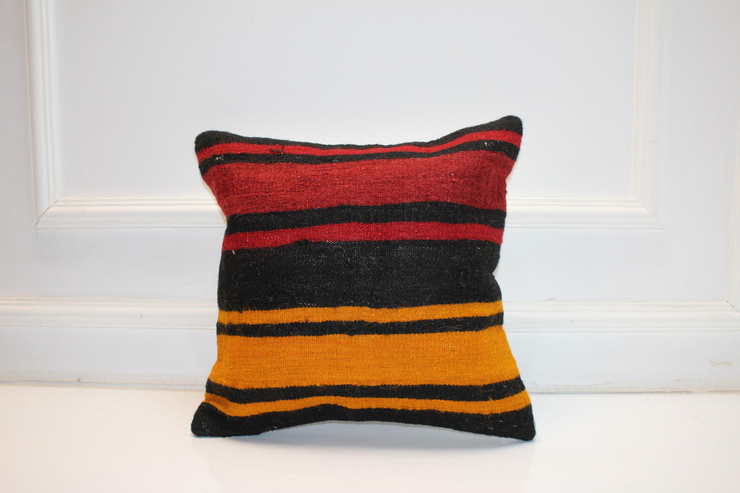 Vintage Turkish Kilim Pillow Cover with Black, Red and Mustard Yellow Stripes, Bold Anatolian Rug Cushion (16x16 in)