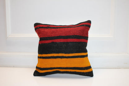 Vintage Turkish Kilim Pillow Cover with Black, Red and Mustard Yellow Stripes, Bold Anatolian Rug Cushion (16x16 in)