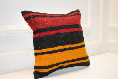 Vintage Turkish Kilim Pillow Cover with Black, Red and Mustard Yellow Stripes, Bold Anatolian Rug Cushion (16x16 in)
