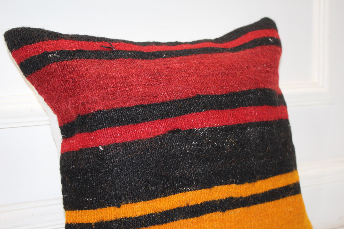 Vintage Turkish Kilim Pillow Cover with Black, Red and Mustard Yellow Stripes, Bold Anatolian Rug Cushion (16x16 in)