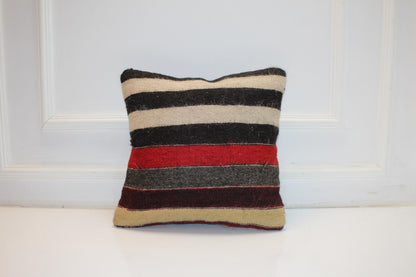 Vintage Turkish Kilim Pillow Cover with Black, Cream, Red and Charcoal Stripes, Neutral Anatolian Rug(16x16 in)