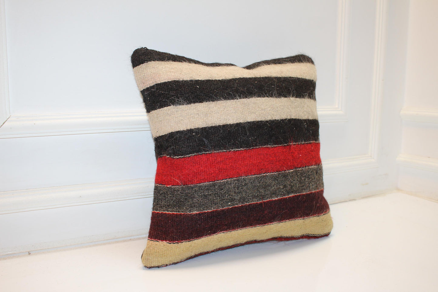 Vintage Turkish Kilim Pillow Cover with Black, Cream, Red and Charcoal Stripes, Neutral Anatolian Rug(16x16 in)