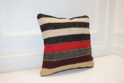 Vintage Turkish Kilim Pillow Cover with Black, Cream, Red and Charcoal Stripes, Neutral Anatolian Rug(16x16 in)