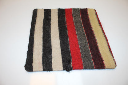 Vintage Turkish Kilim Pillow Cover with Black, Cream, Red and Charcoal Stripes, Neutral Anatolian Rug(16x16 in)