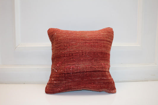 Vintage Turkish Kilim Pillow Cover in Brick Red and Rust Tones, Solid Color Anatolian Rug Cushion(16x16 in)
