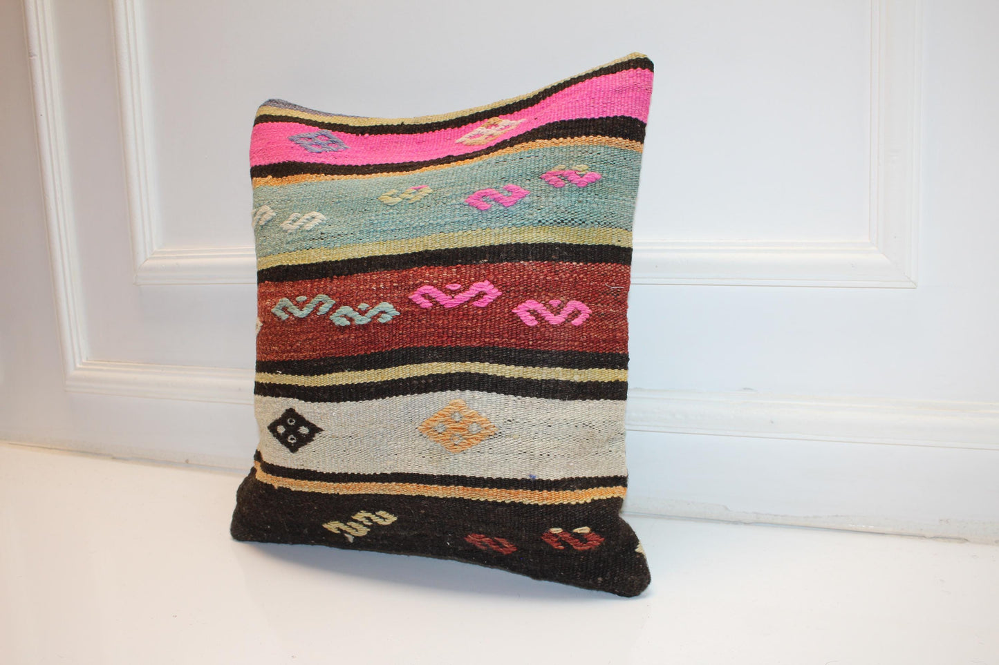 Vintage Turkish Kilim Pillow Cover with Pink, Turquoise and Earth Tone Stripes(16x16 in)