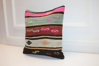 Vintage Turkish Kilim Pillow Cover with Pink, Turquoise and Earth Tone Stripes(16x16 in)