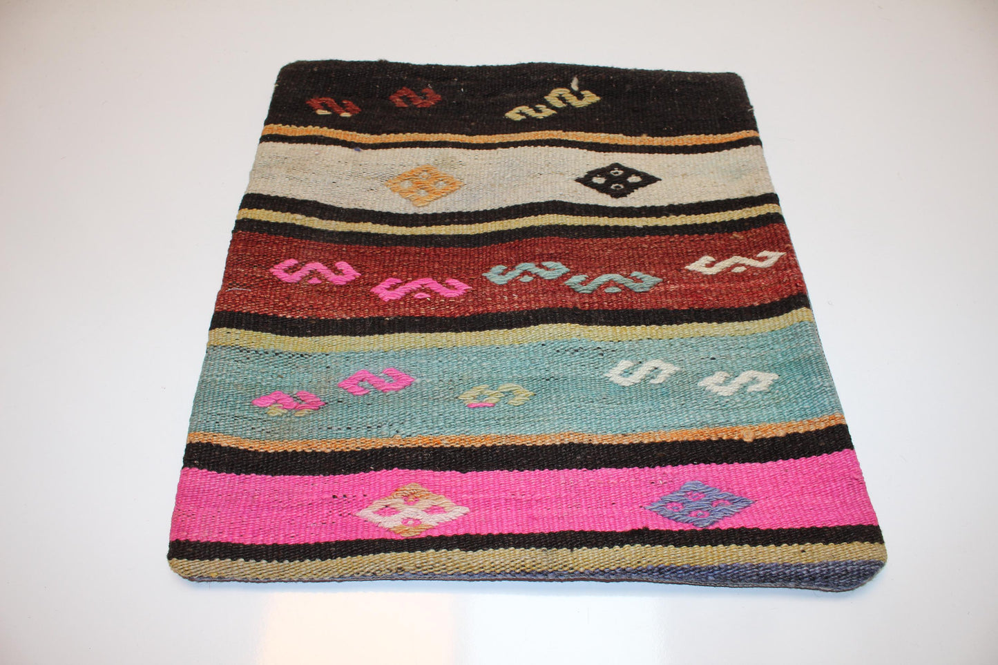 Vintage Turkish Kilim Pillow Cover with Pink, Turquoise and Earth Tone Stripes(16x16 in)