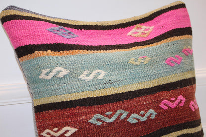 Vintage Turkish Kilim Pillow Cover with Pink, Turquoise and Earth Tone Stripes(16x16 in)