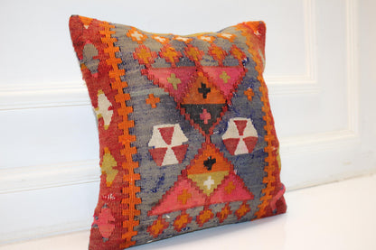 Handwoven Anatolian Rug Cushion, Boho Ethnic Home Decor, Rustic Sofa Accent Pillow(16x16 in)