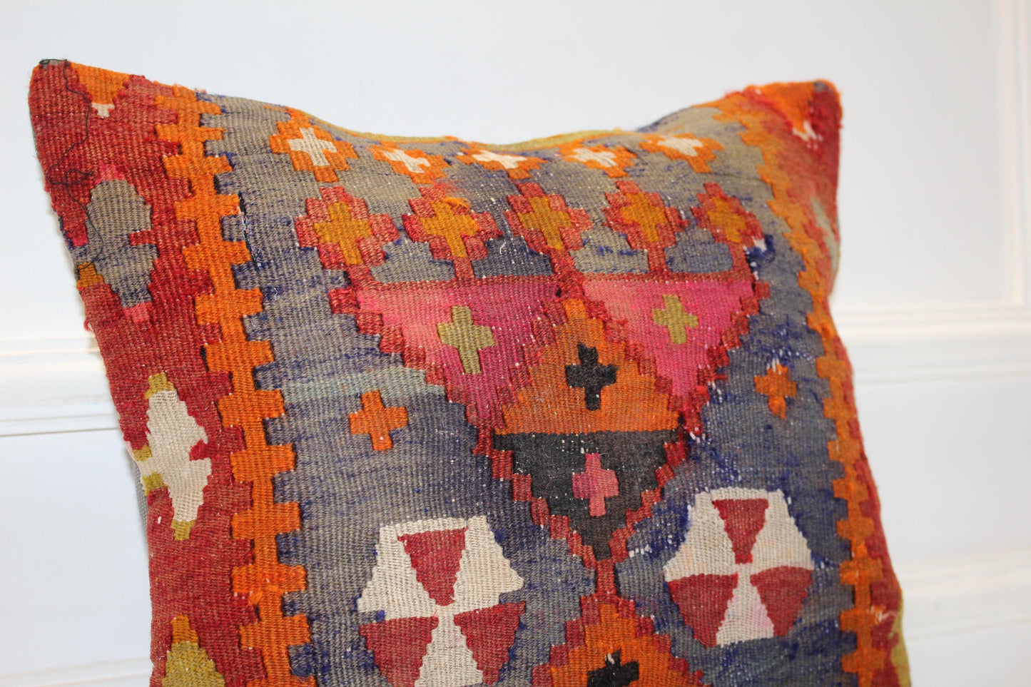Handwoven Anatolian Rug Cushion, Boho Ethnic Home Decor, Rustic Sofa Accent Pillow(16x16 in)