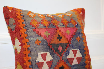 Handwoven Anatolian Rug Cushion, Boho Ethnic Home Decor, Rustic Sofa Accent Pillow(16x16 in)
