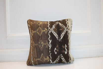 Handwoven Anatolian Rug Cushion, Neutral Boho Rustic Sofa Decor Pillow(16x16 in)