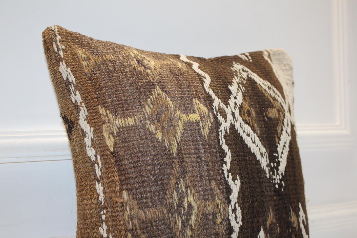 Handwoven Anatolian Rug Cushion, Neutral Boho Rustic Sofa Decor Pillow(16x16 in)
