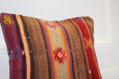 Embroidered Nomadic Stripe Cushion, Warm Earth Tone Tribal Textile Decor Pillow(16x16 in)