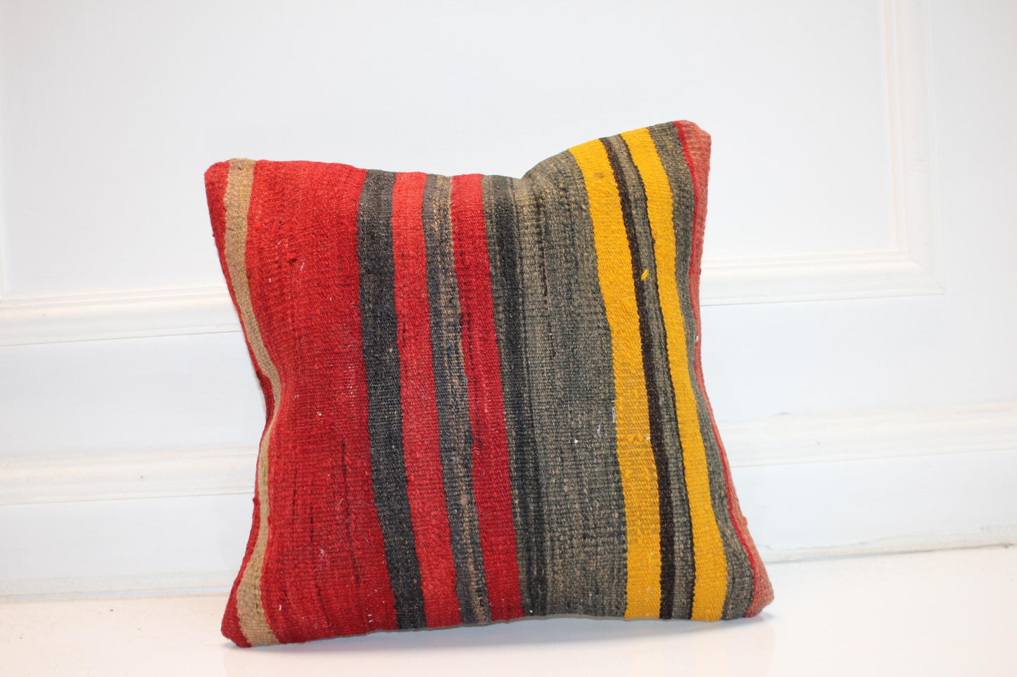 Bold Striped Nomadic Cushion, Red Yellow Tribal Textile Accent for Sofa(16x16 in)
