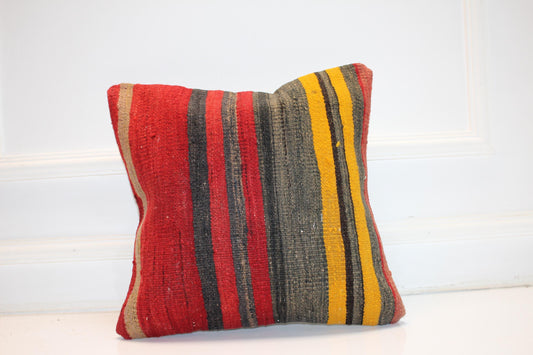 Bold Striped Nomadic Cushion, Red Yellow Tribal Textile Accent for Sofa(16x16 in)