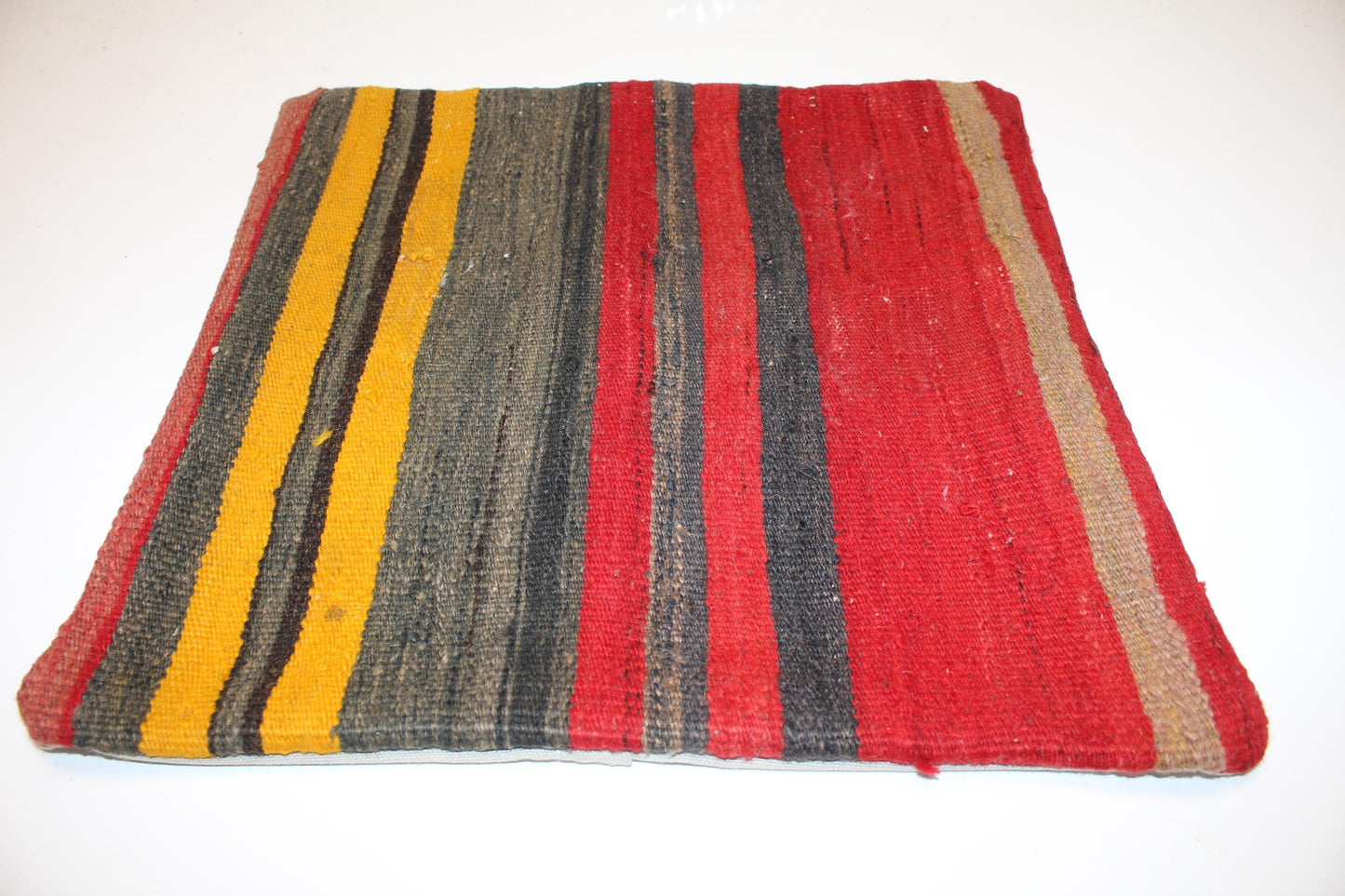 Bold Striped Nomadic Cushion, Red Yellow Tribal Textile Accent for Sofa(16x16 in)
