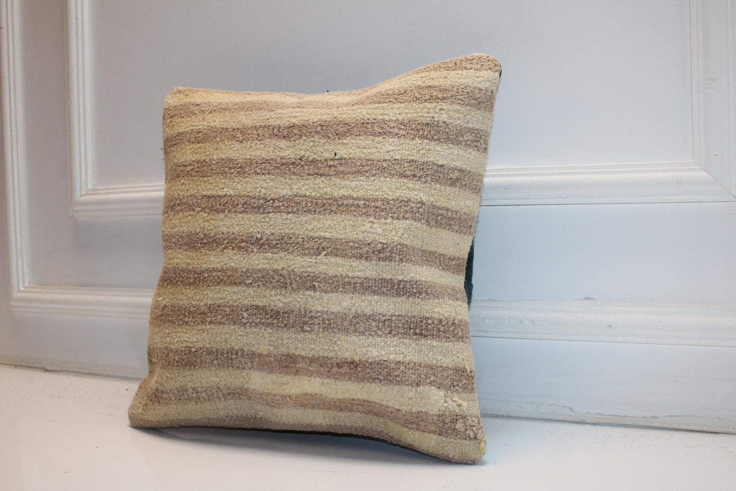 Natural Striped Wool Cushion, Neutral Earth Tone Minimal Rustic Sofa Decor(16x16 in)