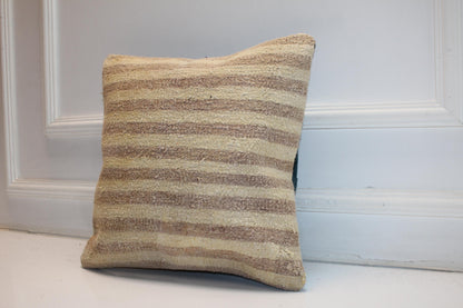 Natural Striped Wool Cushion, Neutral Earth Tone Minimal Rustic Sofa Decor(16x16 in)