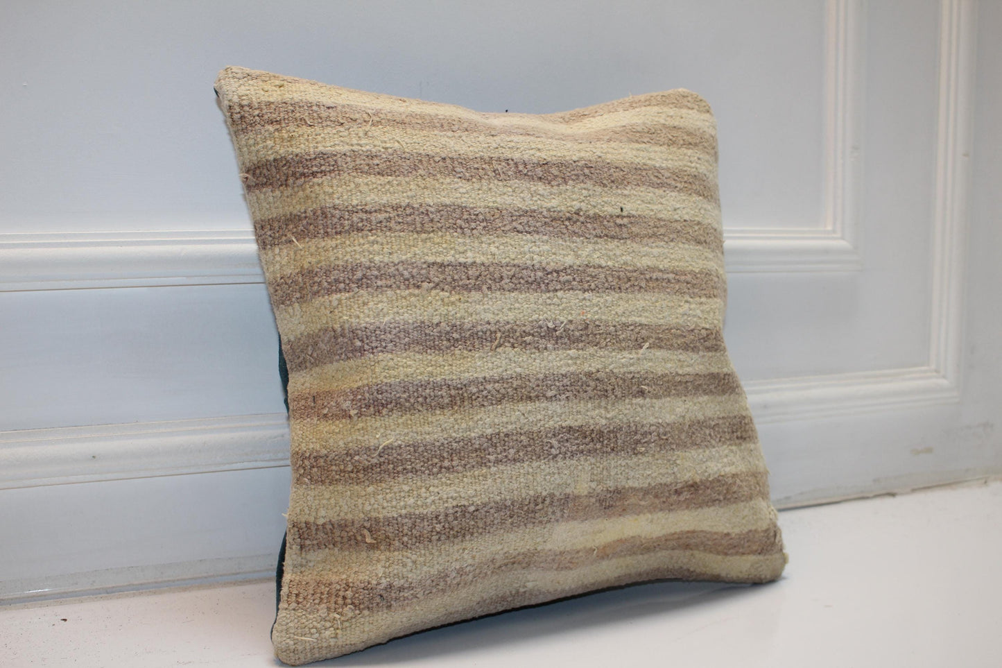 Natural Striped Wool Cushion, Neutral Earth Tone Minimal Rustic Sofa Decor(16x16 in)