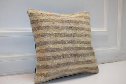 Natural Striped Wool Cushion, Neutral Earth Tone Minimal Rustic Sofa Decor(16x16 in)
