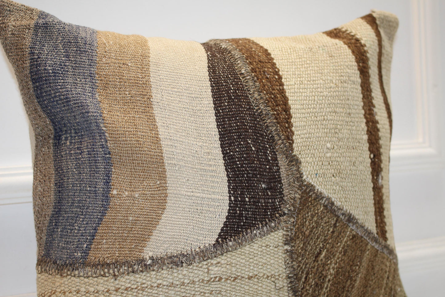Neutral Patchwork Rug Cushion, Minimal Earth Tone Handmade Textile Accent 18x18 inch