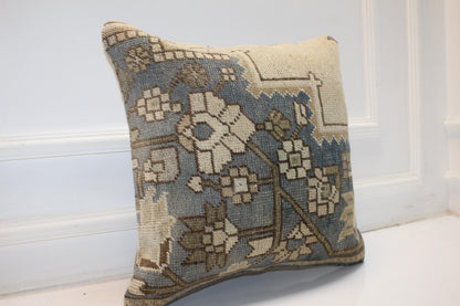Faded Floral Anatolian Rug Cushion, Soft Blue Neutral Handmade Textile Decor 18x18 inch