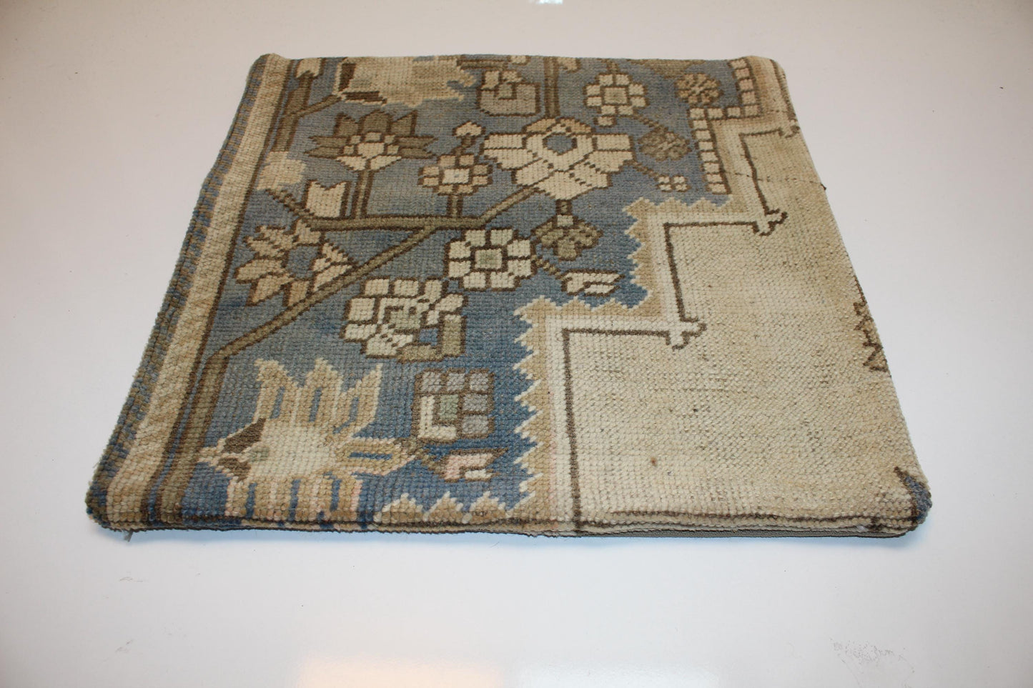 Faded Floral Anatolian Rug Cushion, Soft Blue Neutral Handmade Textile Decor 18x18 inch