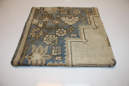 Faded Floral Anatolian Rug Cushion, Soft Blue Neutral Handmade Textile Decor 18x18 inch