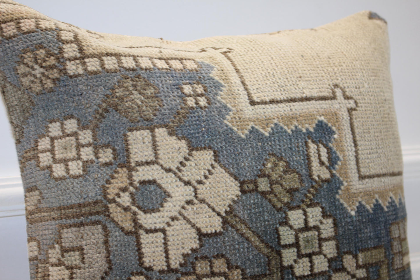 Faded Floral Anatolian Rug Cushion, Soft Blue Neutral Handmade Textile Decor 18x18 inch