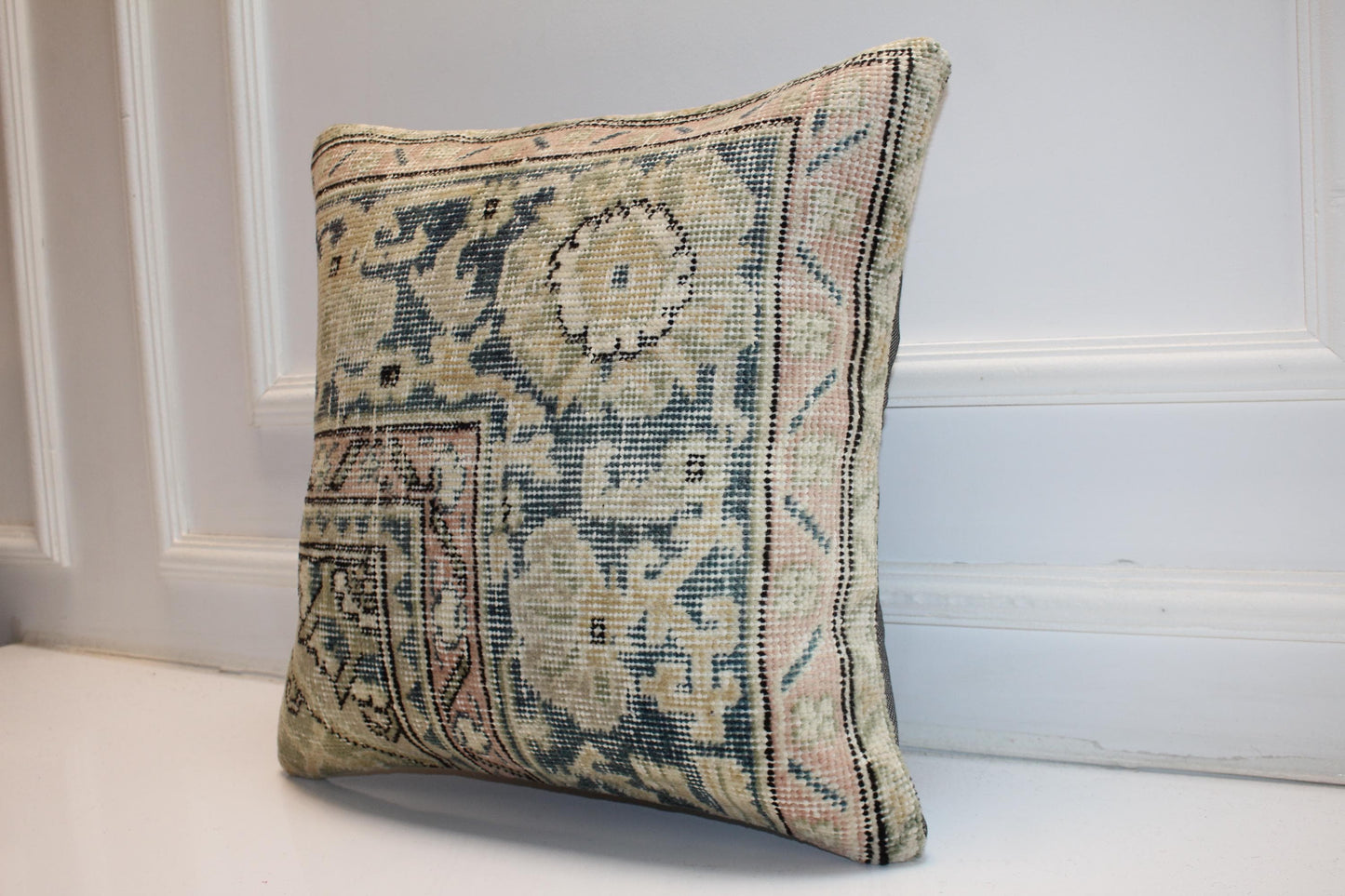 Faded Anatolian Pattern Cushion, Muted Pastel Textile Accent for Elegant Interiors 18x18 inch