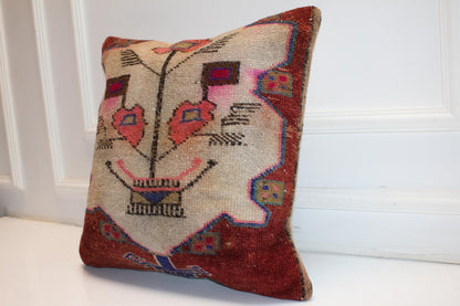 Tribal Face Motif Rug Cushion, Folk Art Anatolian Textile Statement Pillow 20x20 inch