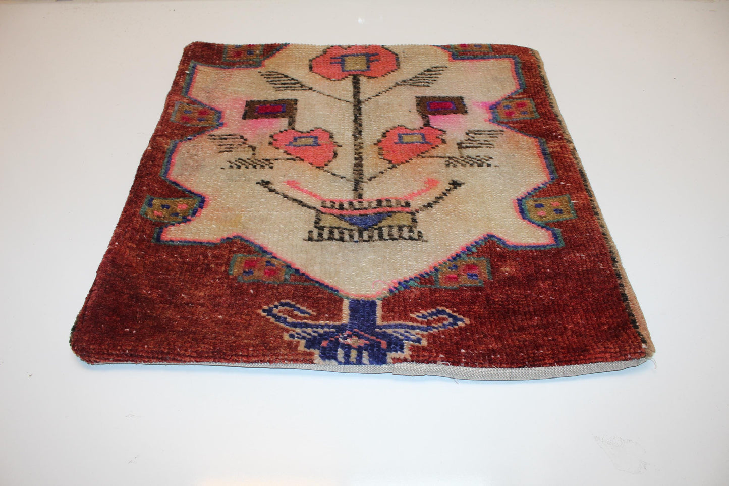 Tribal Face Motif Rug Cushion, Folk Art Anatolian Textile Statement Pillow 20x20 inch