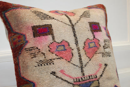 Tribal Face Motif Rug Cushion, Folk Art Anatolian Textile Statement Pillow 20x20 inch