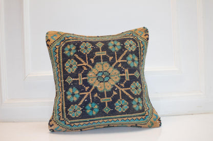 Geometric Anatolian Medallion Cushion, Deep Blue Teal Folk Textile Statement Pillow 20x20 inch
