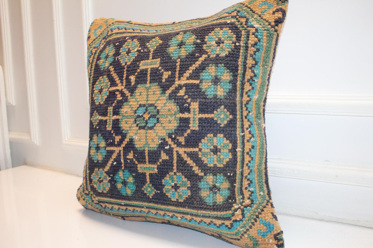 Geometric Anatolian Medallion Cushion, Deep Blue Teal Folk Textile Statement Pillow 20x20 inch
