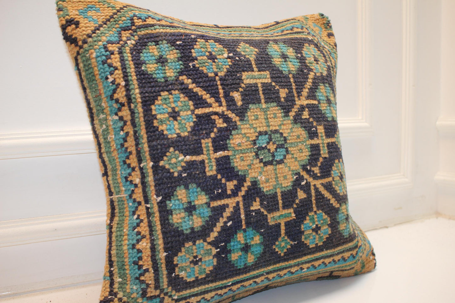 Geometric Anatolian Medallion Cushion, Deep Blue Teal Folk Textile Statement Pillow 20x20 inch
