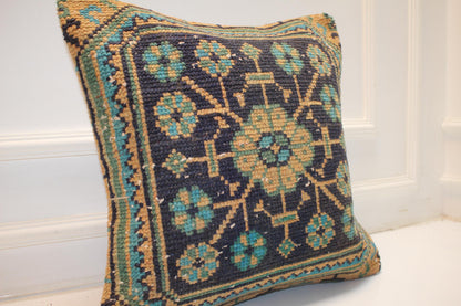 Geometric Anatolian Medallion Cushion, Deep Blue Teal Folk Textile Statement Pillow 20x20 inch