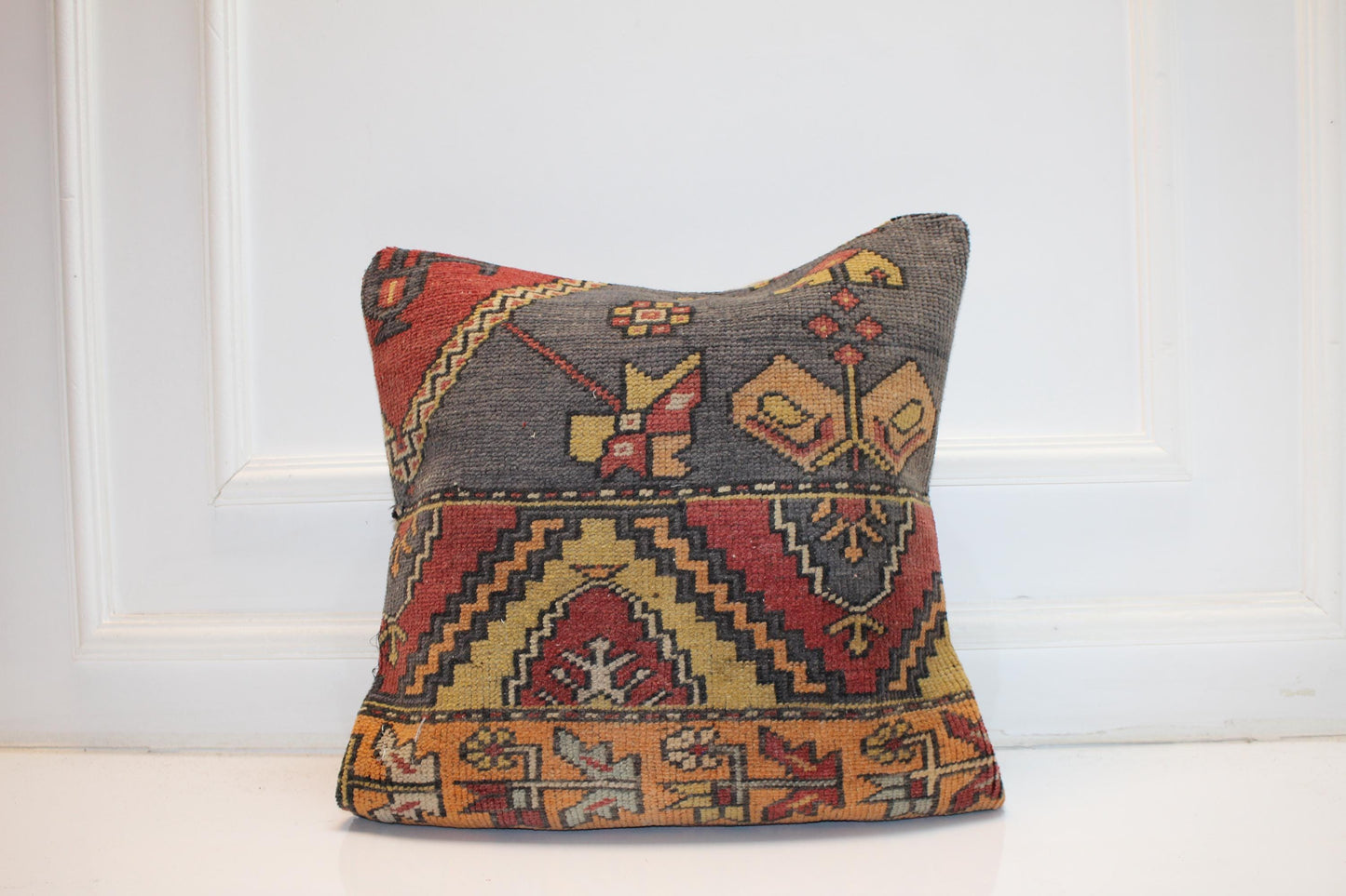 Tribal Anatolian Motif Cushion, Earthy Red Yellow Geometric Folk Textile Decor 20x20 inch