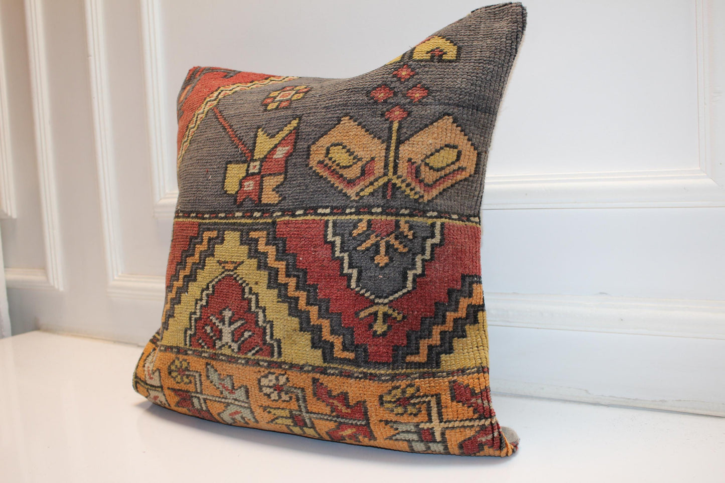 Tribal Anatolian Motif Cushion, Earthy Red Yellow Geometric Folk Textile Decor 20x20 inch