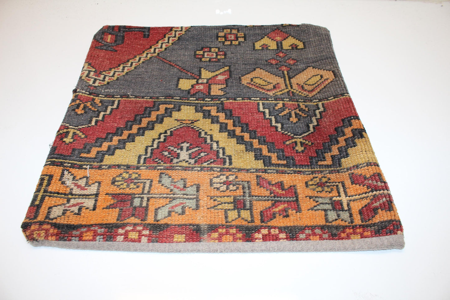 Tribal Anatolian Motif Cushion, Earthy Red Yellow Geometric Folk Textile Decor 20x20 inch