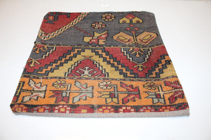 Tribal Anatolian Motif Cushion, Earthy Red Yellow Geometric Folk Textile Decor 20x20 inch