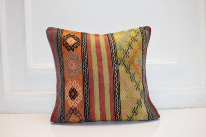 Colorful Striped Anatolian Cushion, Folk Pattern Handmade Textile Statement Decor 20x20 inch