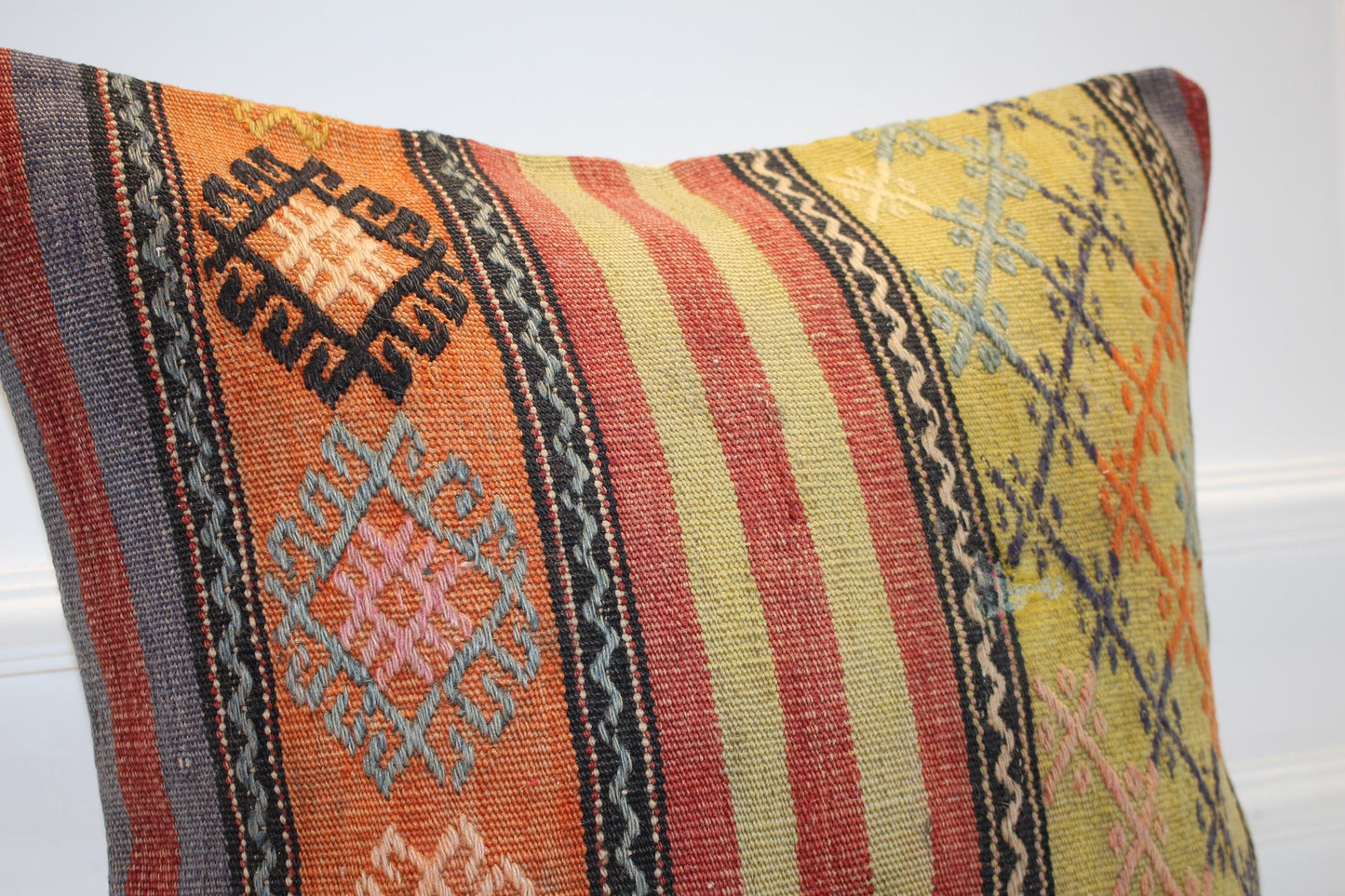 Colorful Striped Anatolian Cushion, Folk Pattern Handmade Textile Statement Decor 20x20 inch