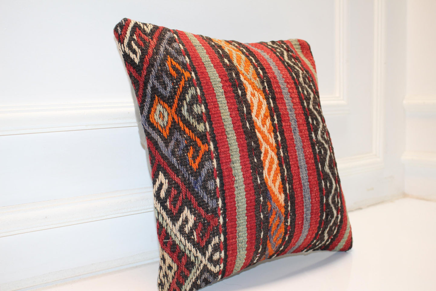 Handwoven Anatolian Rug Cushion, Boho Ethnic Decor, Rustic Sofa Accent (16x16 in)