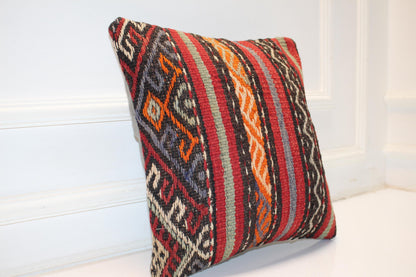 Handwoven Anatolian Rug Cushion, Boho Ethnic Decor, Rustic Sofa Accent (16x16 in)