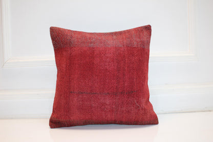 Solid Red Handwoven Rug Cushion, Minimal Rustic Boho Decor, Anatolian Textile Accent(16x16 in)