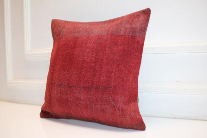 Solid Red Handwoven Rug Cushion, Minimal Rustic Boho Decor, Anatolian Textile Accent(16x16 in)