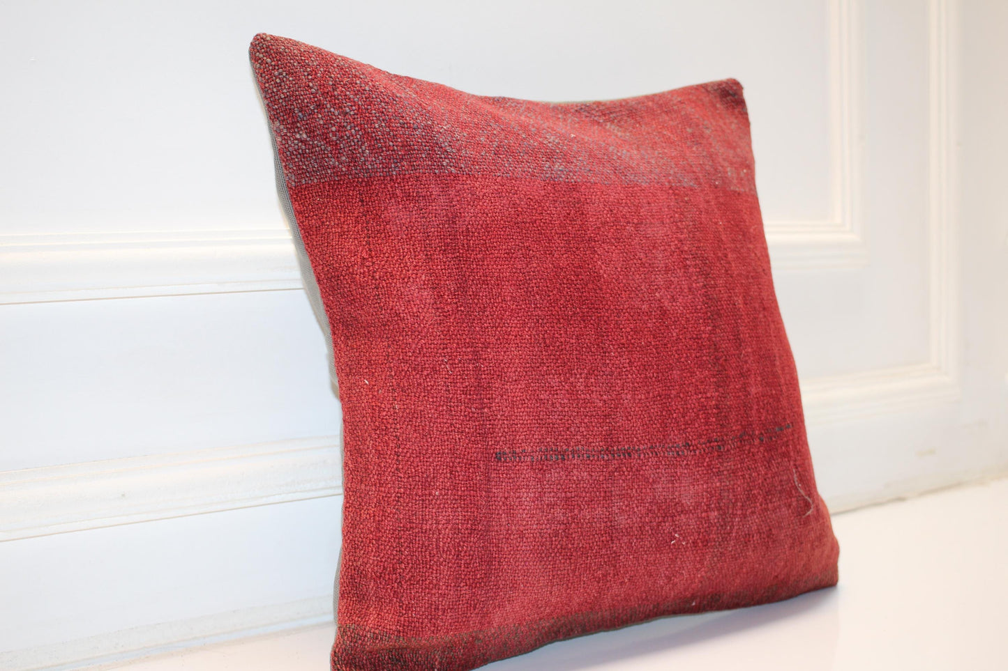 Solid Red Handwoven Rug Cushion, Minimal Rustic Boho Decor, Anatolian Textile Accent(16x16 in)
